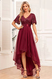 Burgundy A Line High Low Formal Dress with Sequins