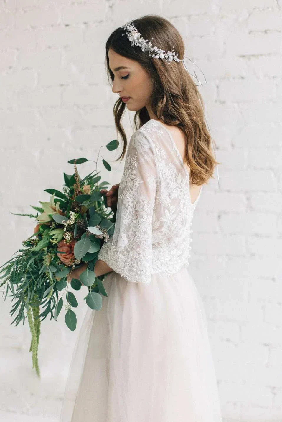 Bateau Lace Half Sleeve A Line Tulle Dress With Low V Back