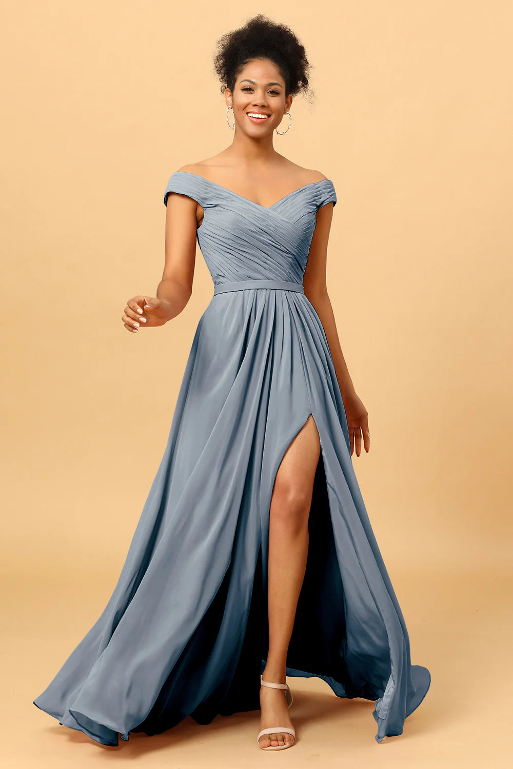 A Line Off the Shoulder Ruched Long Chiffon Bridesmaid Dress with Slit