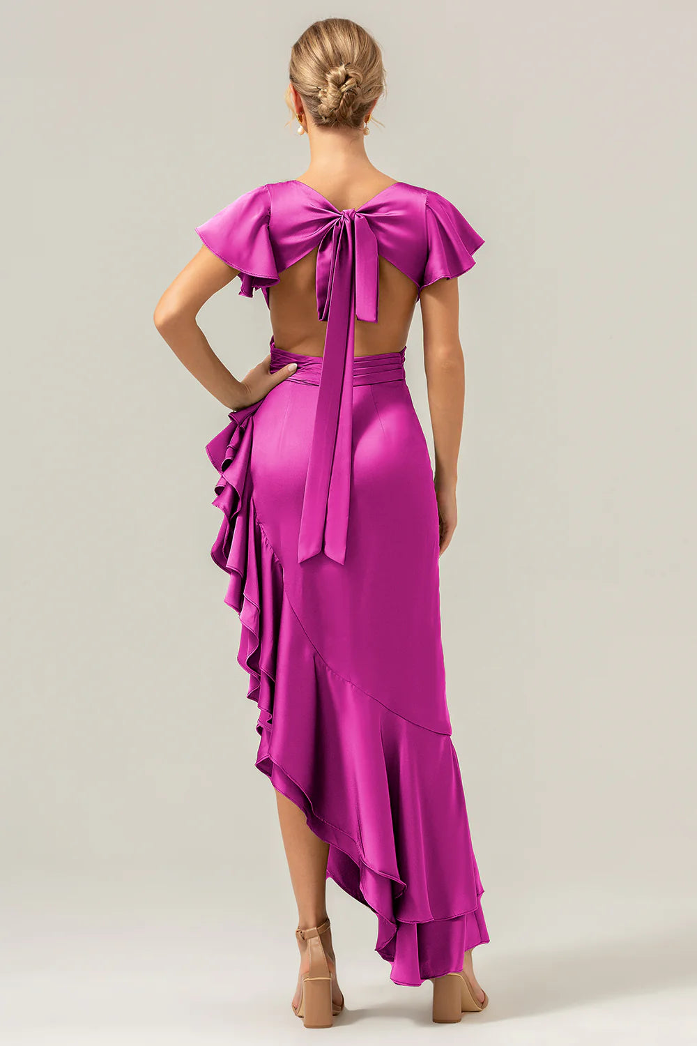 A Line V Neck Asymmetrical Olive Bridesmaid Dress with Ruffle Slit