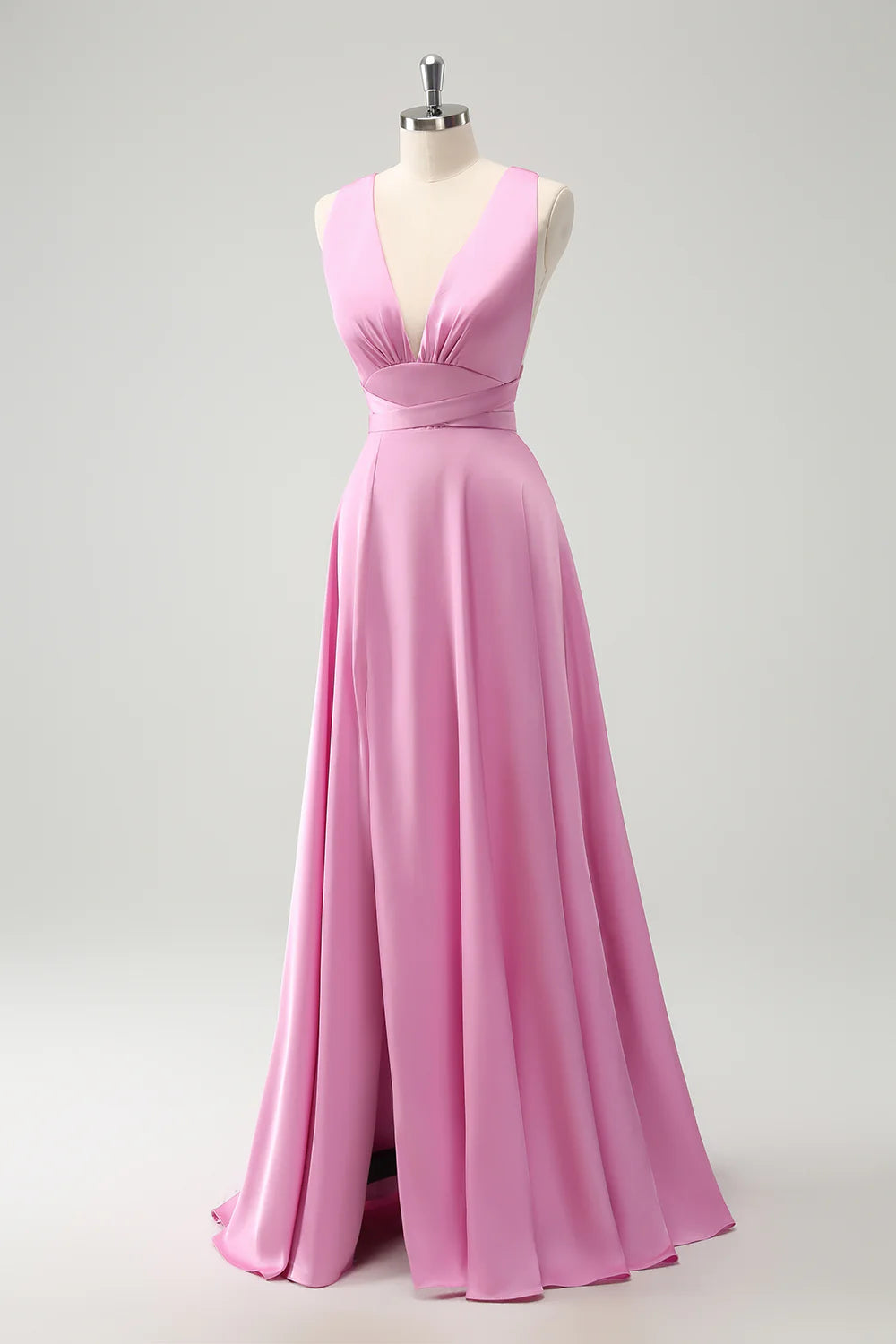 Pink A Line Deep V Neck Backless Long Bridesmaid Dress with Slit
