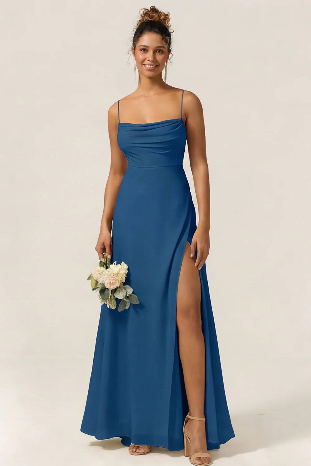 Blue Flower A Line Spaghetti Straps Chiffon Long Bridesmaid Dress with Slit