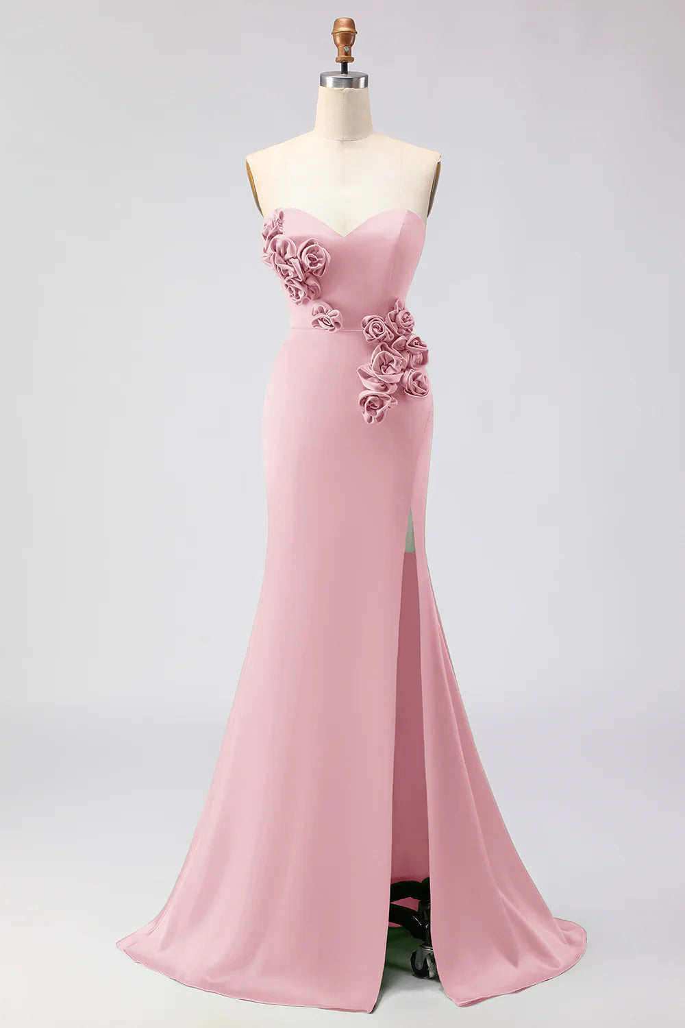 Green Strapless Mermaid 3D Flower Satin Long Prom Dress with Slit