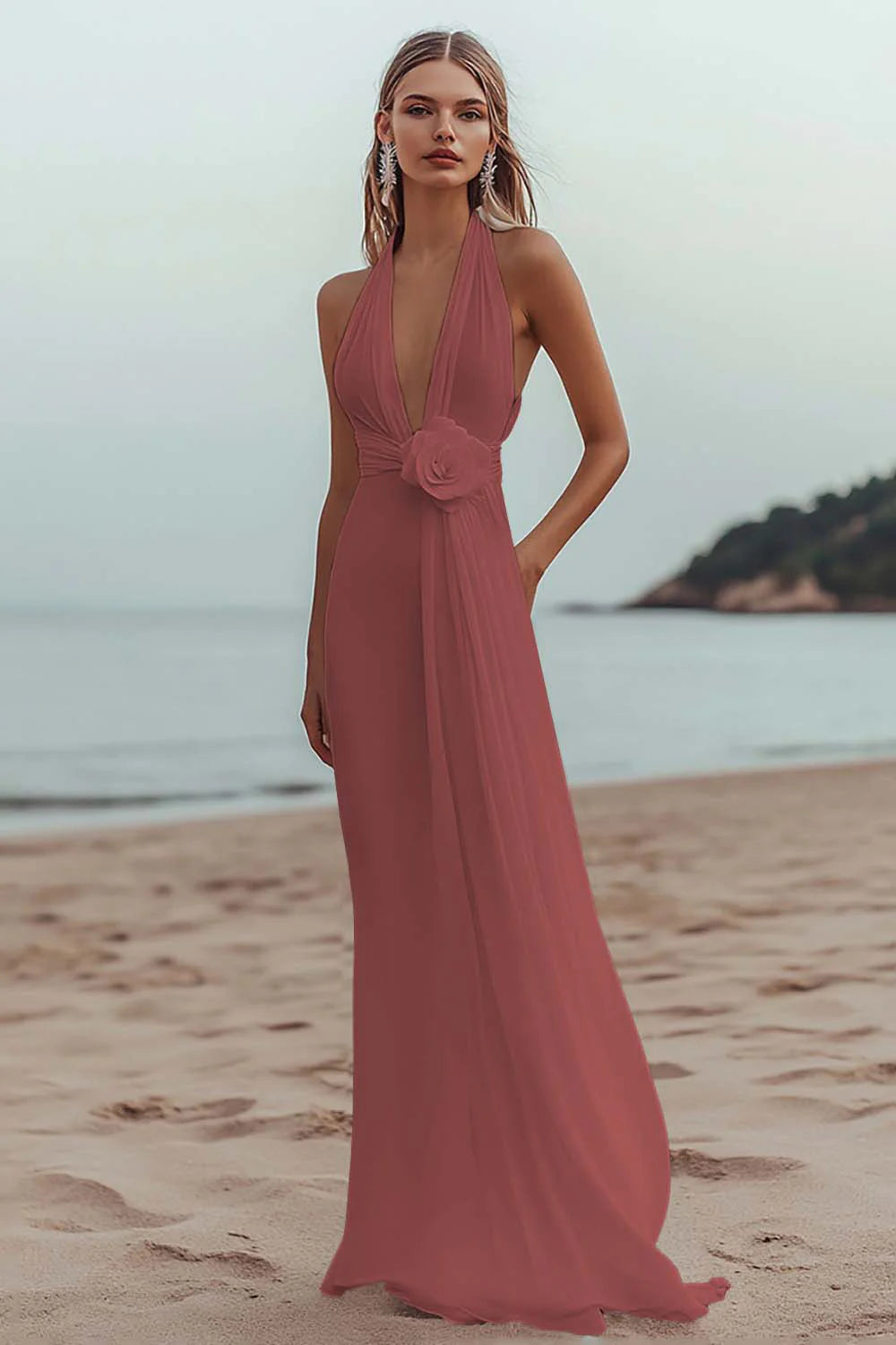 White A Line V Neck Engagement Dress With 3D Flowers