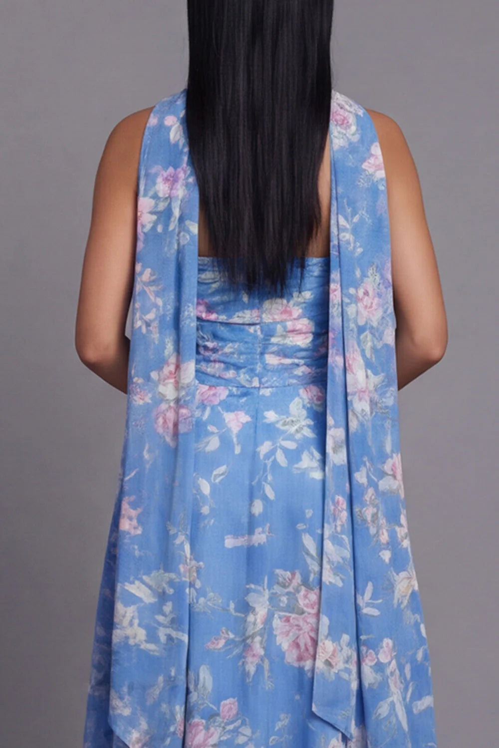 Strapless Blue Floral Ruched A Line Midi Wedding Guest Dress with Sash