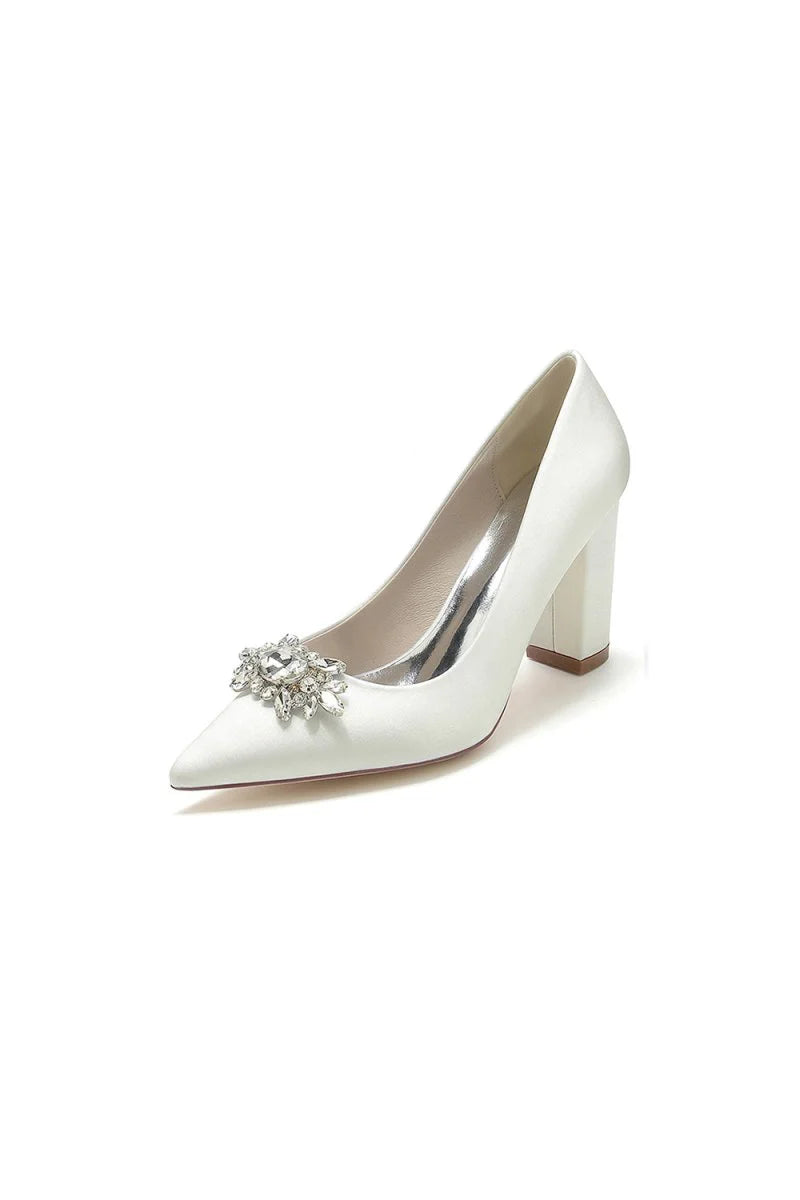 Pointed Toe Chunky Heels with Rhinestone