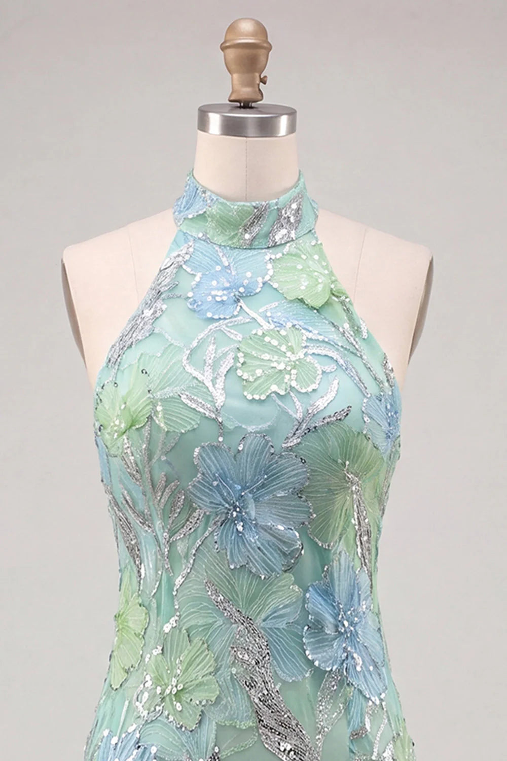 Mint Green Halter Floral Sequin Bodycon Short Homecoming Dress