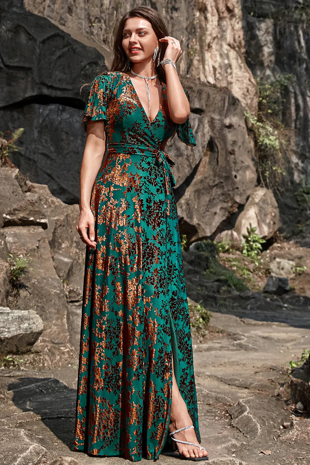 A Line V Neck Dark Green Burnout Velvet Floor Length Dress with Short Sleeves