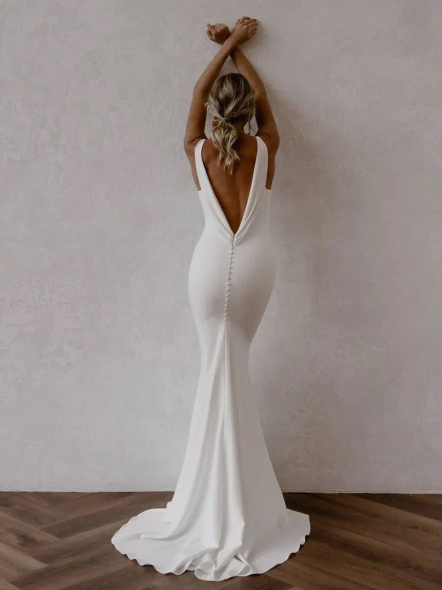 Mermaid Deep V Neck Backless White Wedding Dress