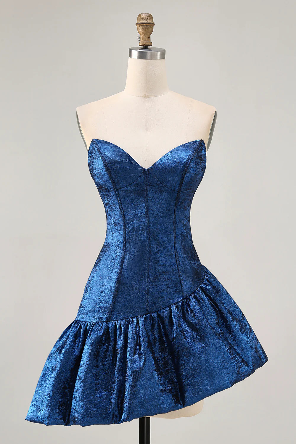 Metallic Dark Blue A Line Asymmetrical Short Homecoming Dress with Ruffles