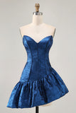 Metallic Dark Blue A Line Asymmetrical Short Homecoming Dress with Ruffles
