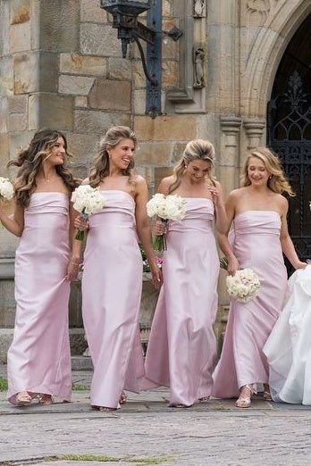 Strapless Pink Scoop Pleated Satin Long Bridesmaid Dress With Big Bow