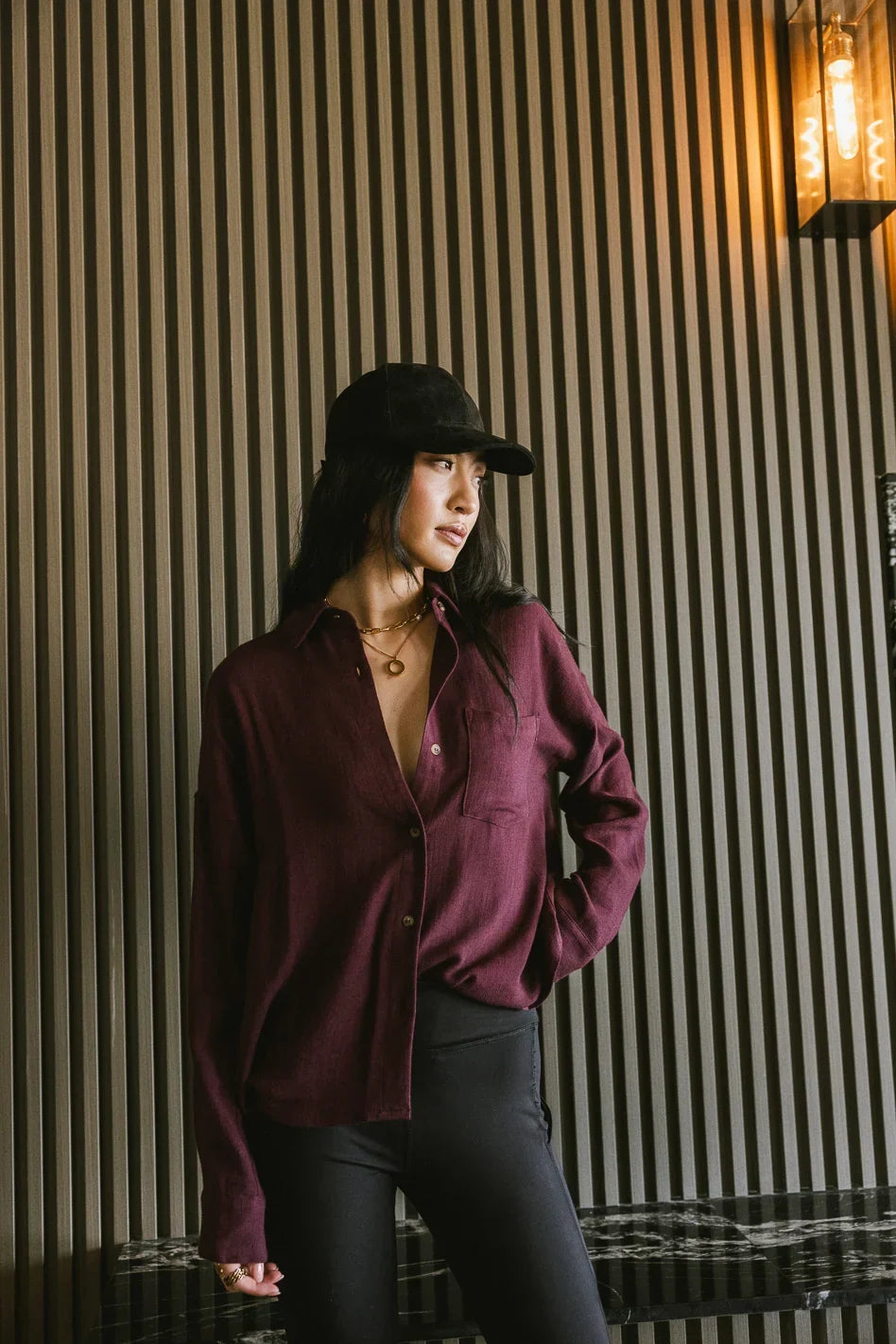 Finley Button Up in Wine FINAL SALE