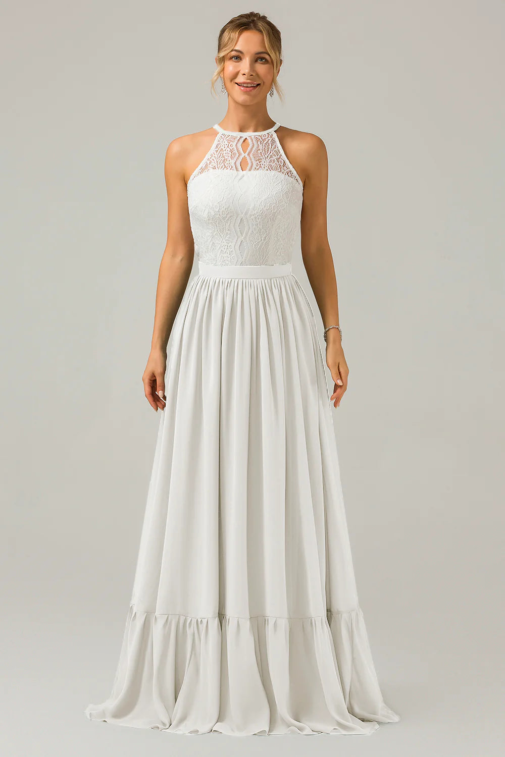 A Line Halter Pleated Keyhole Chiffon Bridesmaid Dress With Lace