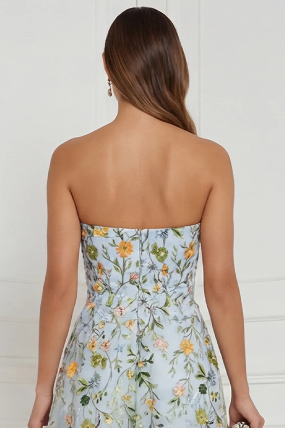 Floral Blue Strapless A Line Corset Midi Wedding Guest Dress