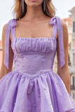 Cute Lilac A Line Pearl Tiered Short Homecoming Dress with Lace Up Back