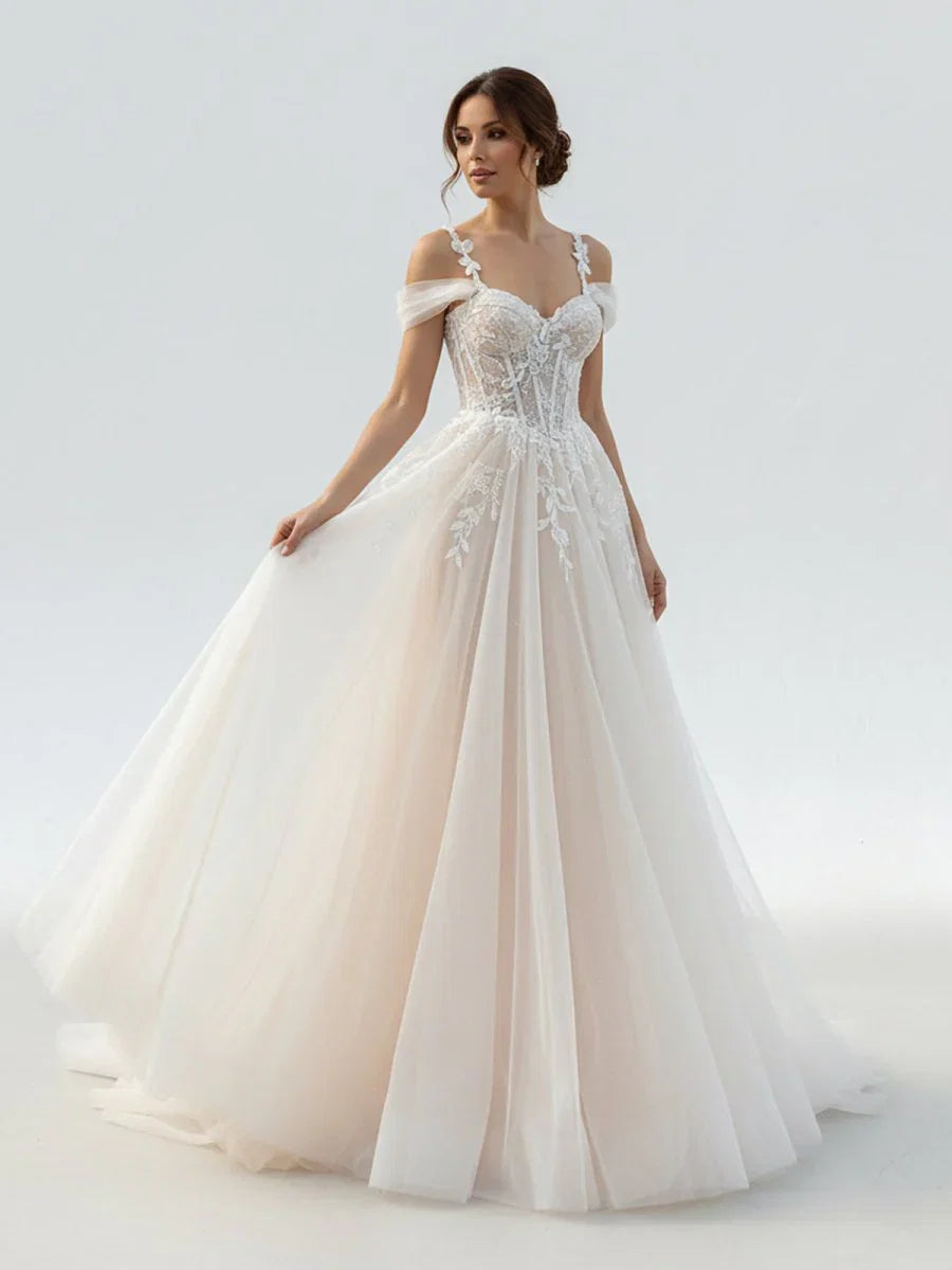 A Line Off The Shoulder Tulle Wedding Dresses With Appliques Lace