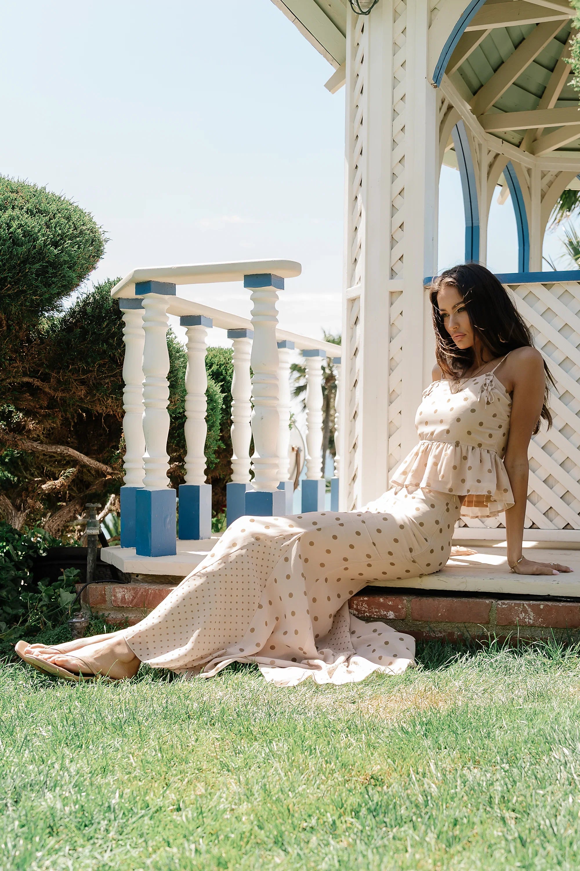 Freida Polka Dot Maxi Skirt in Taupe