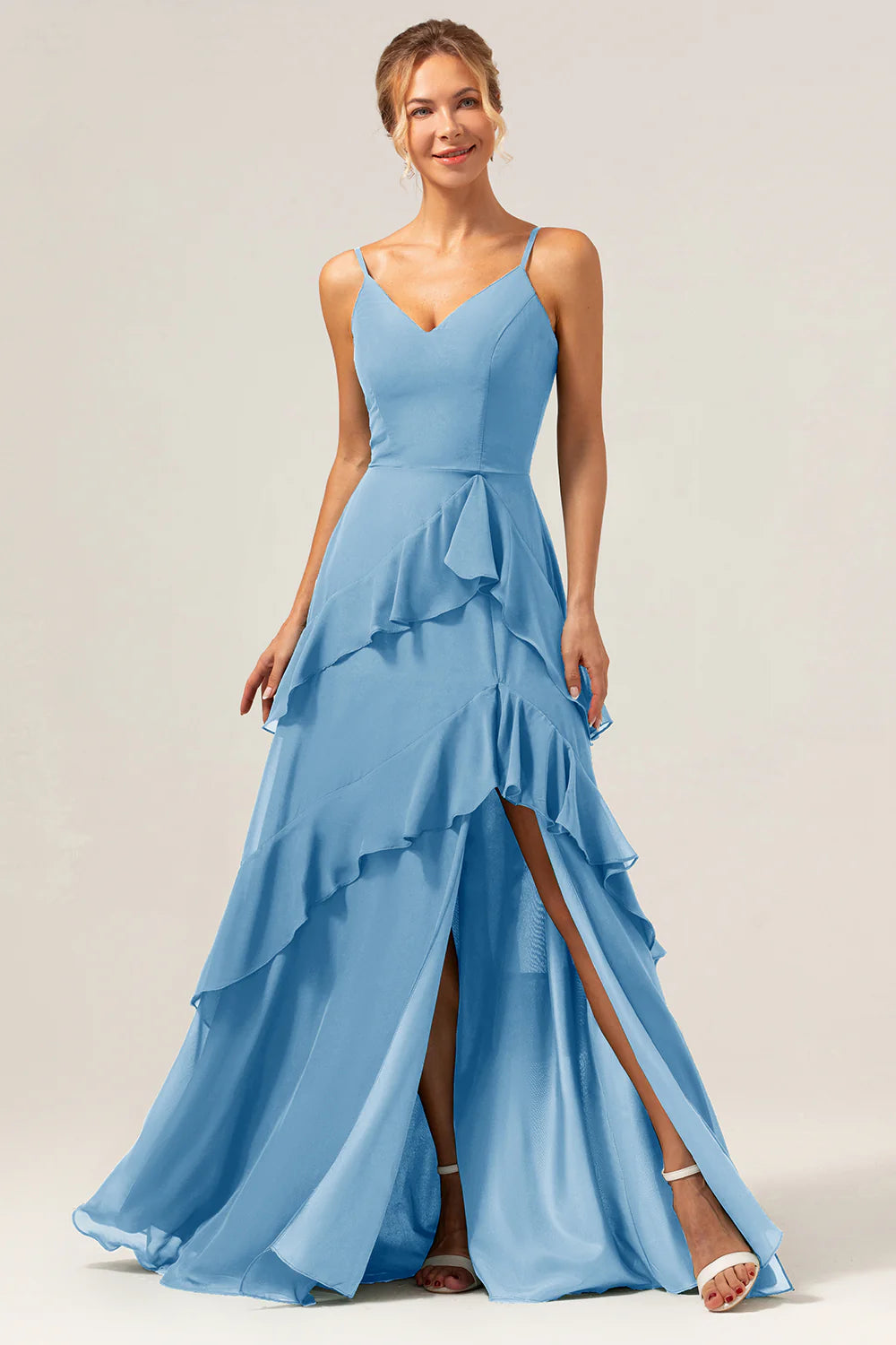 Dark Green A Line V Neck Ruffled Chiffon Tiered Long Bridesmaid Dress with Slit