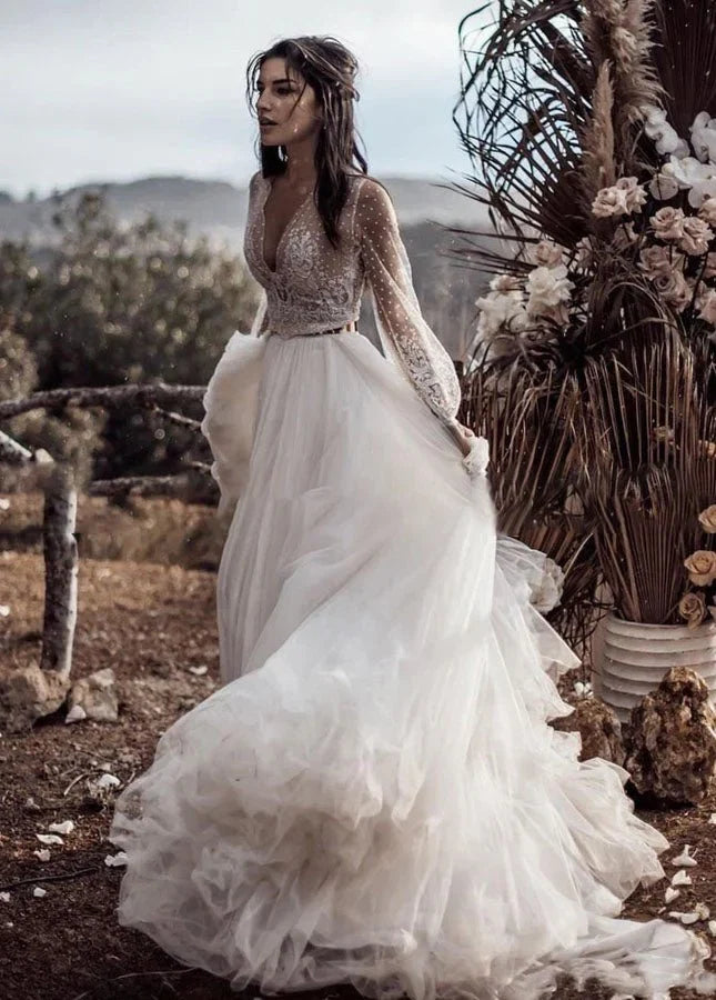 Two Piece Boho Dreamy A Line Tulle V Neck Wedding Dresses Full Sleeve