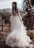 Two Piece Boho Dreamy A Line Tulle V Neck Wedding Dresses Full Sleeve