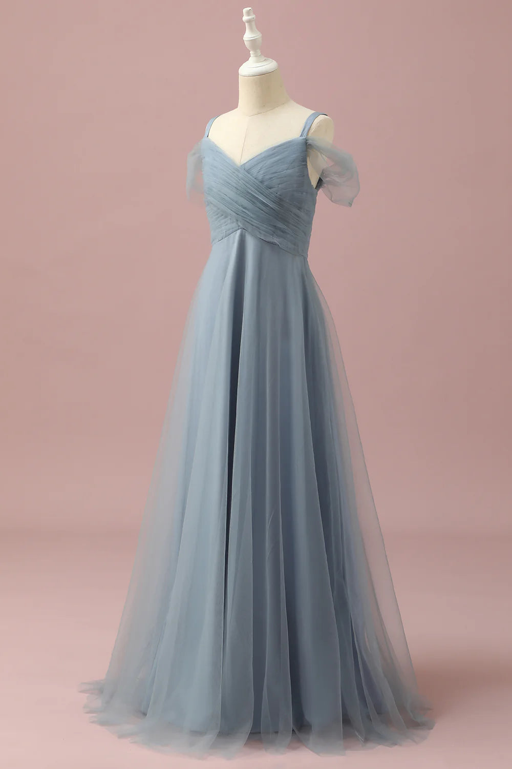 Grey Blue A Line Cold Shoulder Floor Length Tulle Junior Bridesmaid Dress