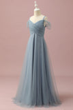 Grey Blue A Line Cold Shoulder Floor Length Tulle Junior Bridesmaid Dress