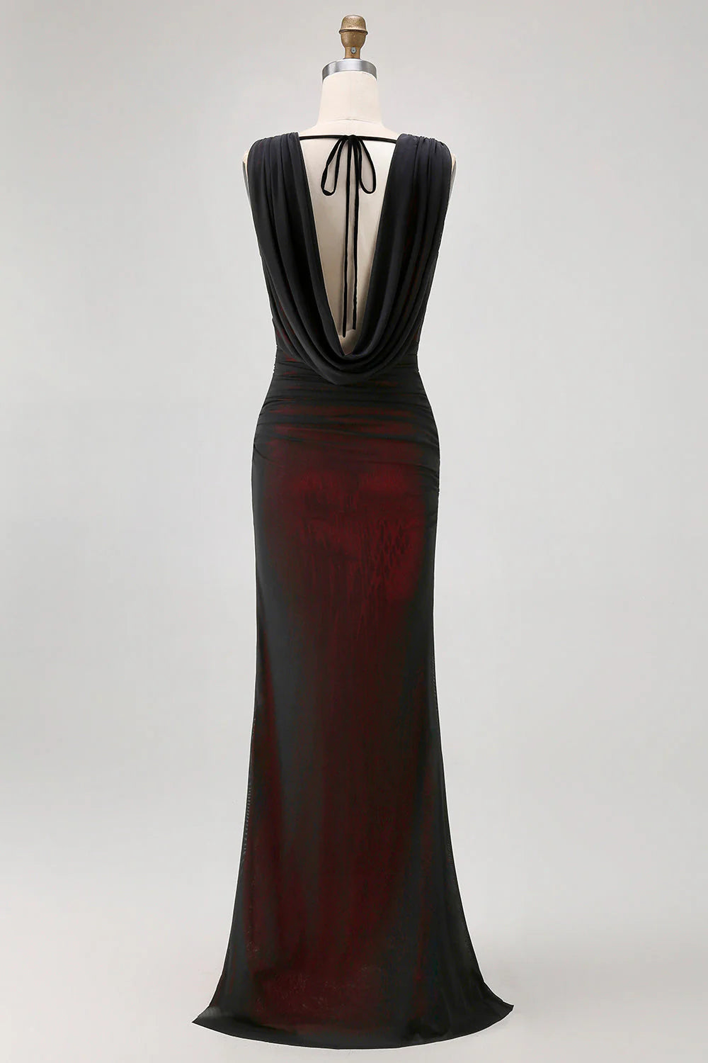 Black Red Sheath Cowl Neck Tulle Open Back Maxi Dress with Slit