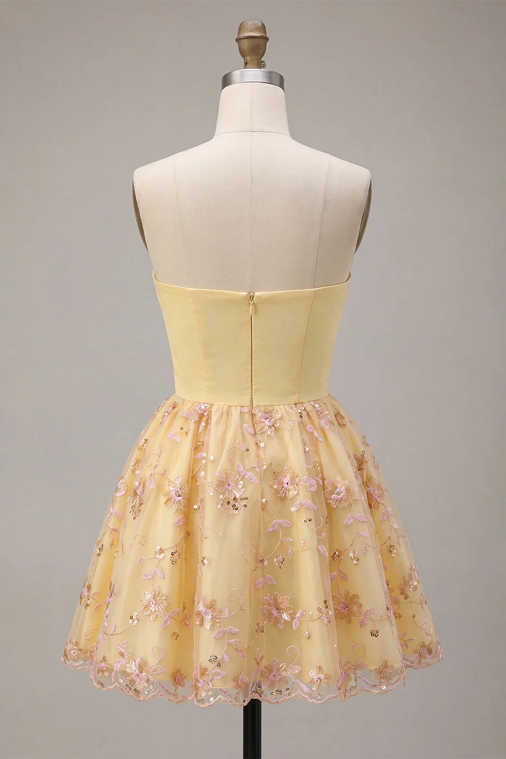 Light Yellow Strapless Floral A Line Short Homecoming Dress