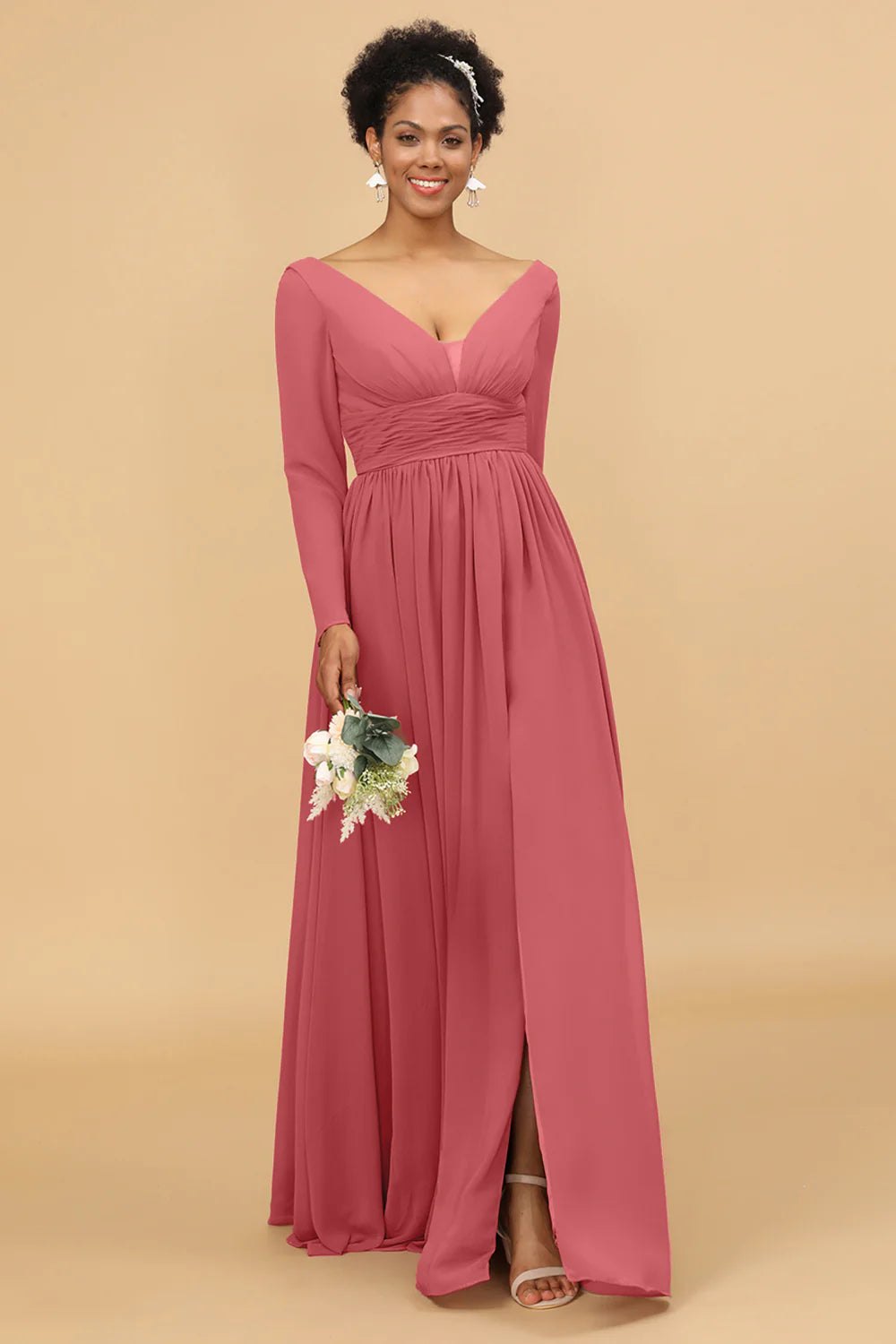 A Line V Neck Long Sleeves Chiffon Bridesmaid Dress with Slit