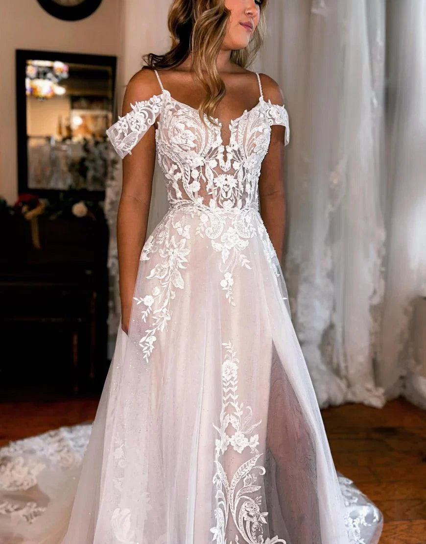 A Line Off The Shoulder Wedding Dress With Appliques And Slit