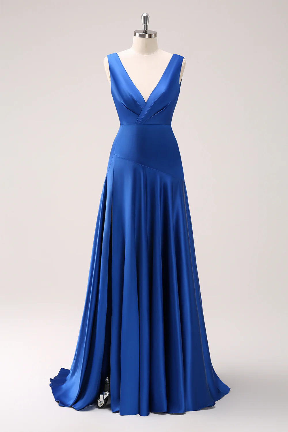 Ink Blue A Line V Neck Satin Ruched Long Bridesmaid Dress with Slit