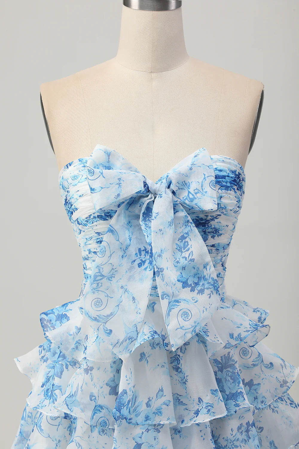 Strapless White Blue Flower A line Tiered Short Homecoming Dress with Bow