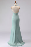 Green Halter Mermaid Ruched Long Bridesmaid Dress with Slit