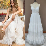 Simple A Line V Neck Sleeveless Spaghetti Straps Beach Wedding Dresses