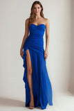 Strapless Royal Blue Ruched Long Formal Dress with Slit