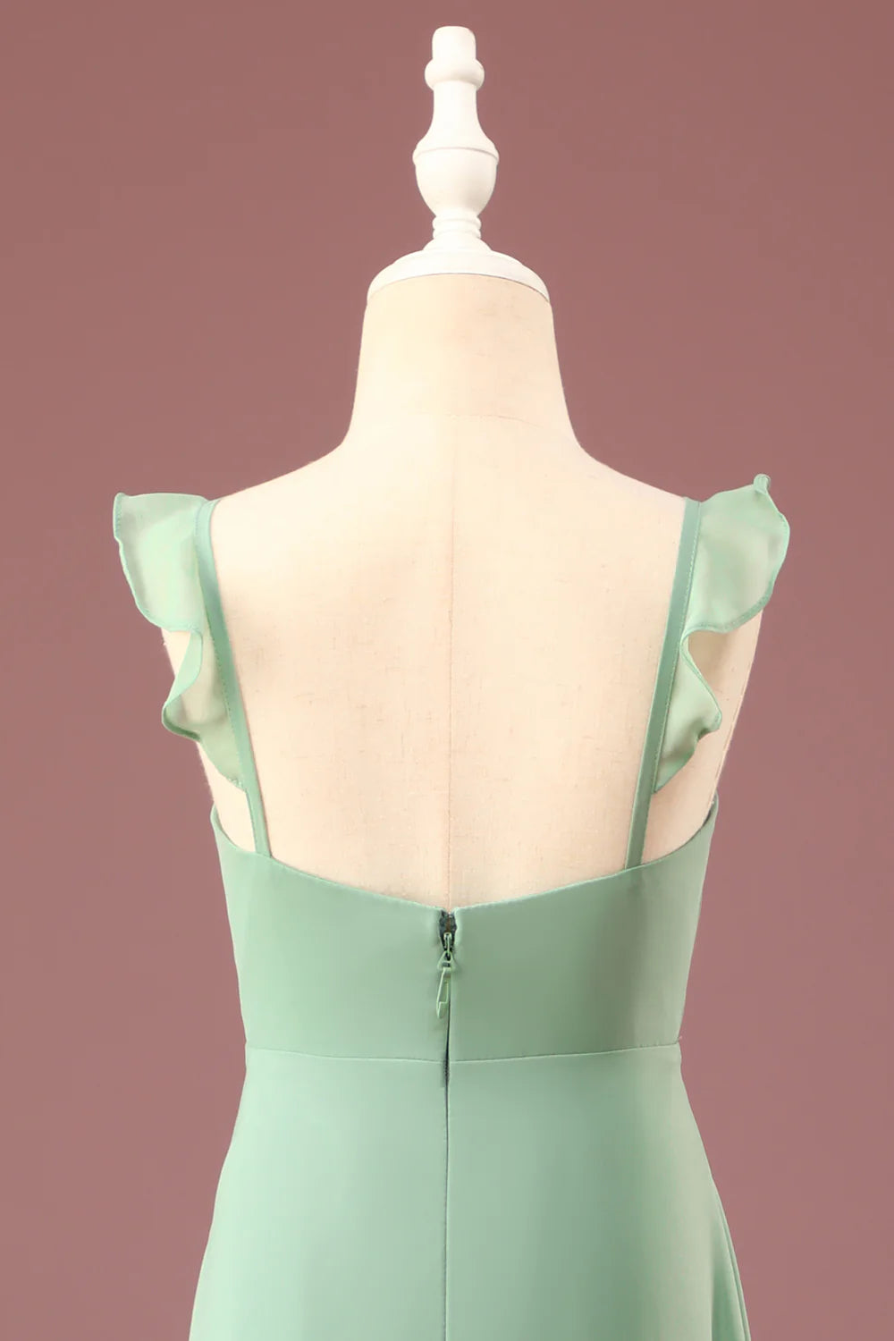 A line Long Chiffon Matcha V neck Spaghetti Straps Junior Bridesmaid Dress