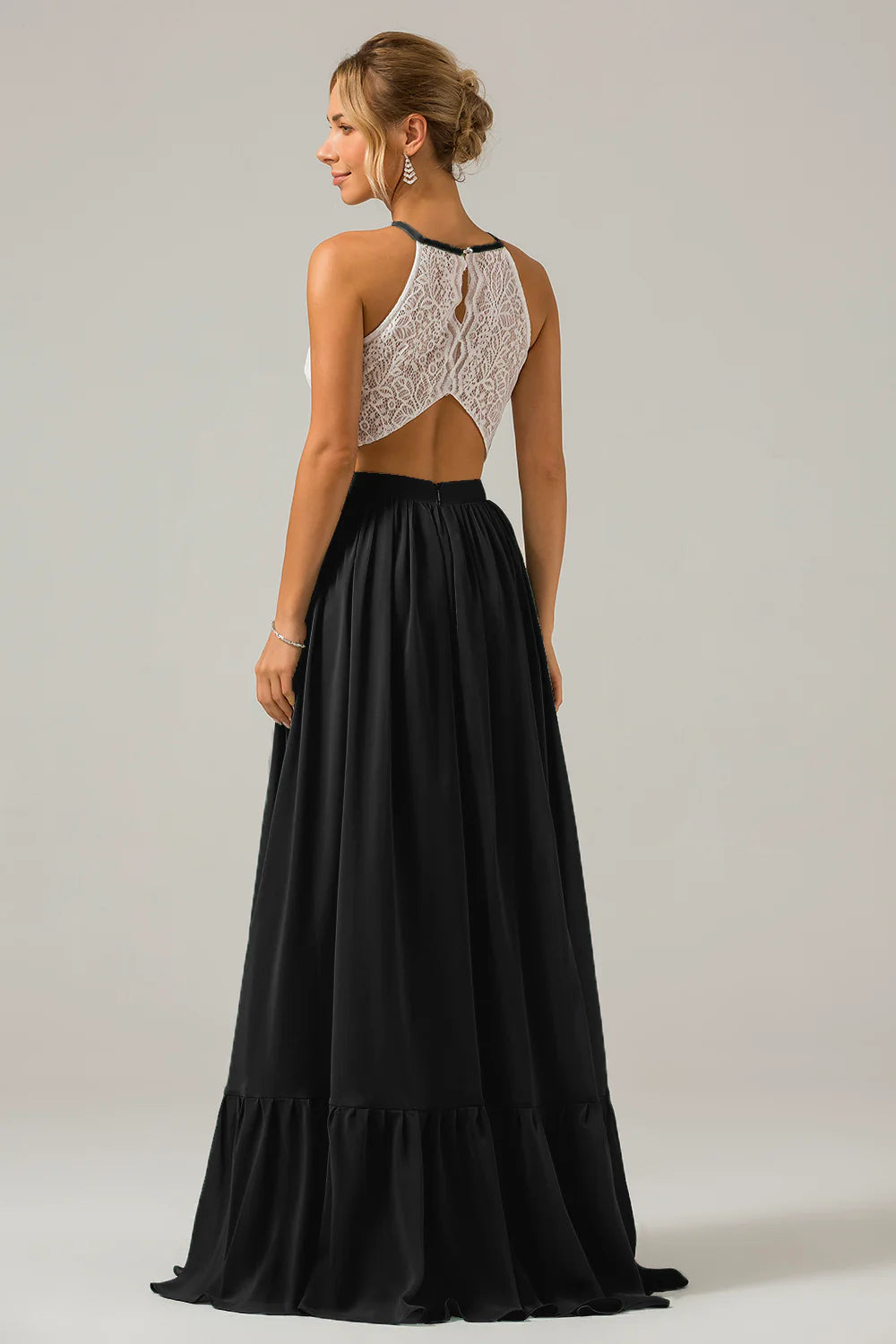 A Line Halter Pleated Keyhole Chiffon Bridesmaid Dress With Lace