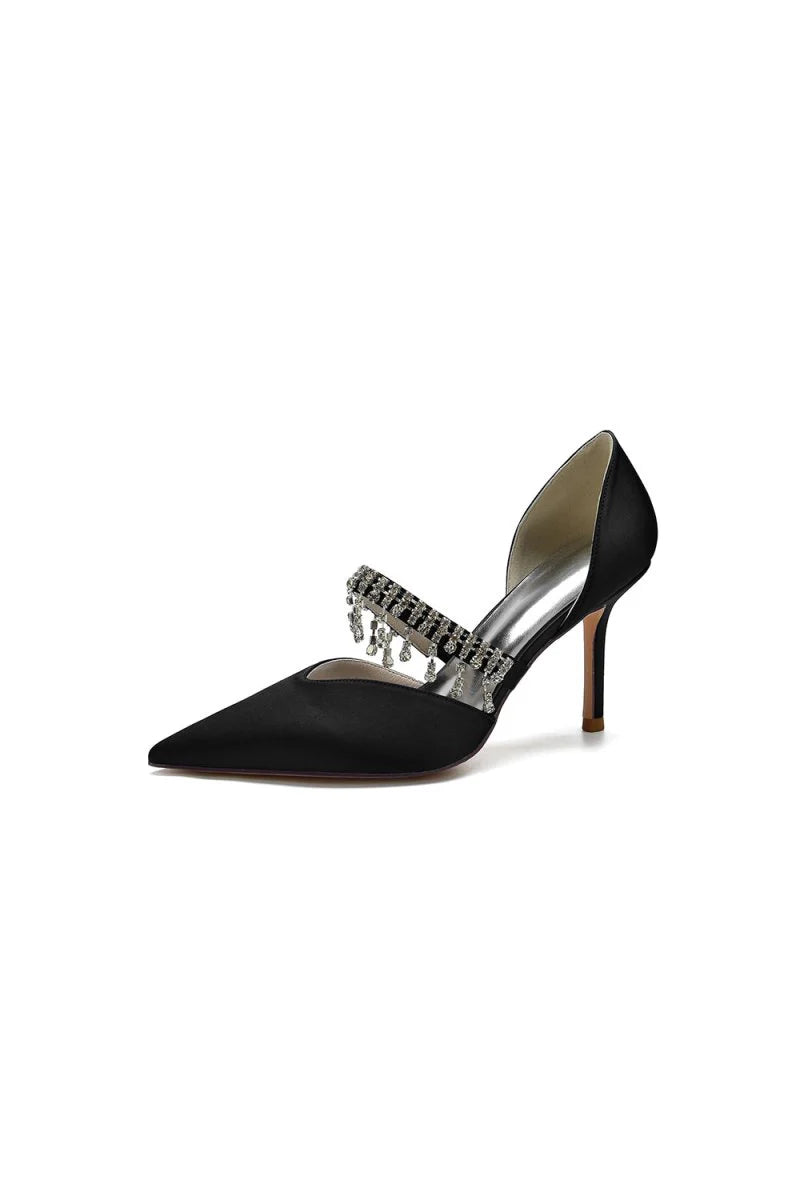 Cocktail Pointed Toe Crystal Tassel Buckle Strap Heels