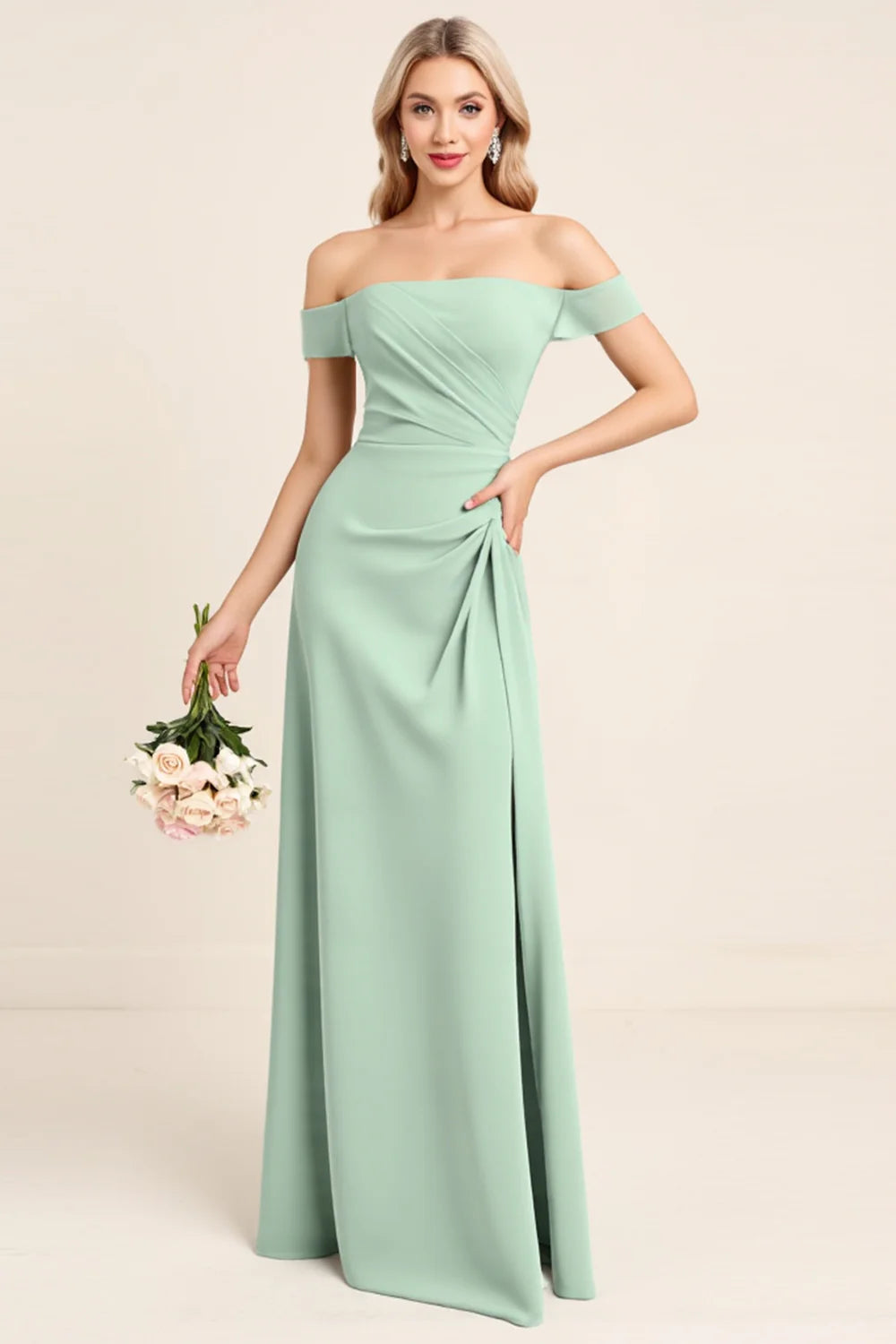 Mint Sheath Off The Shoulder Long Bridesmaid Dress with Slit