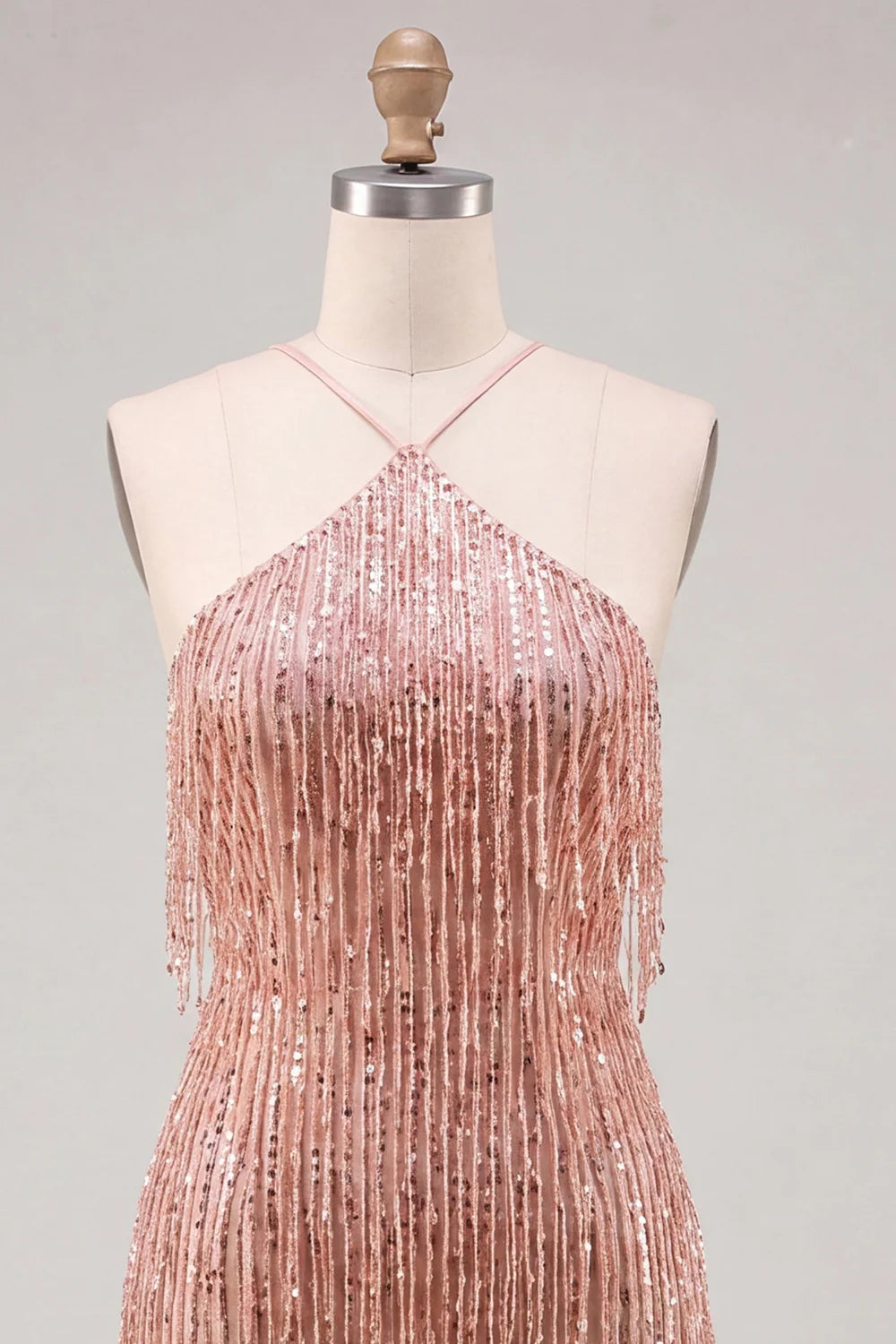 Gold Halter Bodyocn Sequin Short Homecoming Dress with Fringes