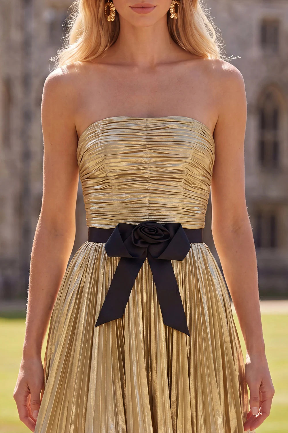 Metallic Golden Pleated A Line Strapless Homecoming Dress