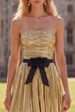Metallic Golden Pleated A Line Strapless Homecoming Dress