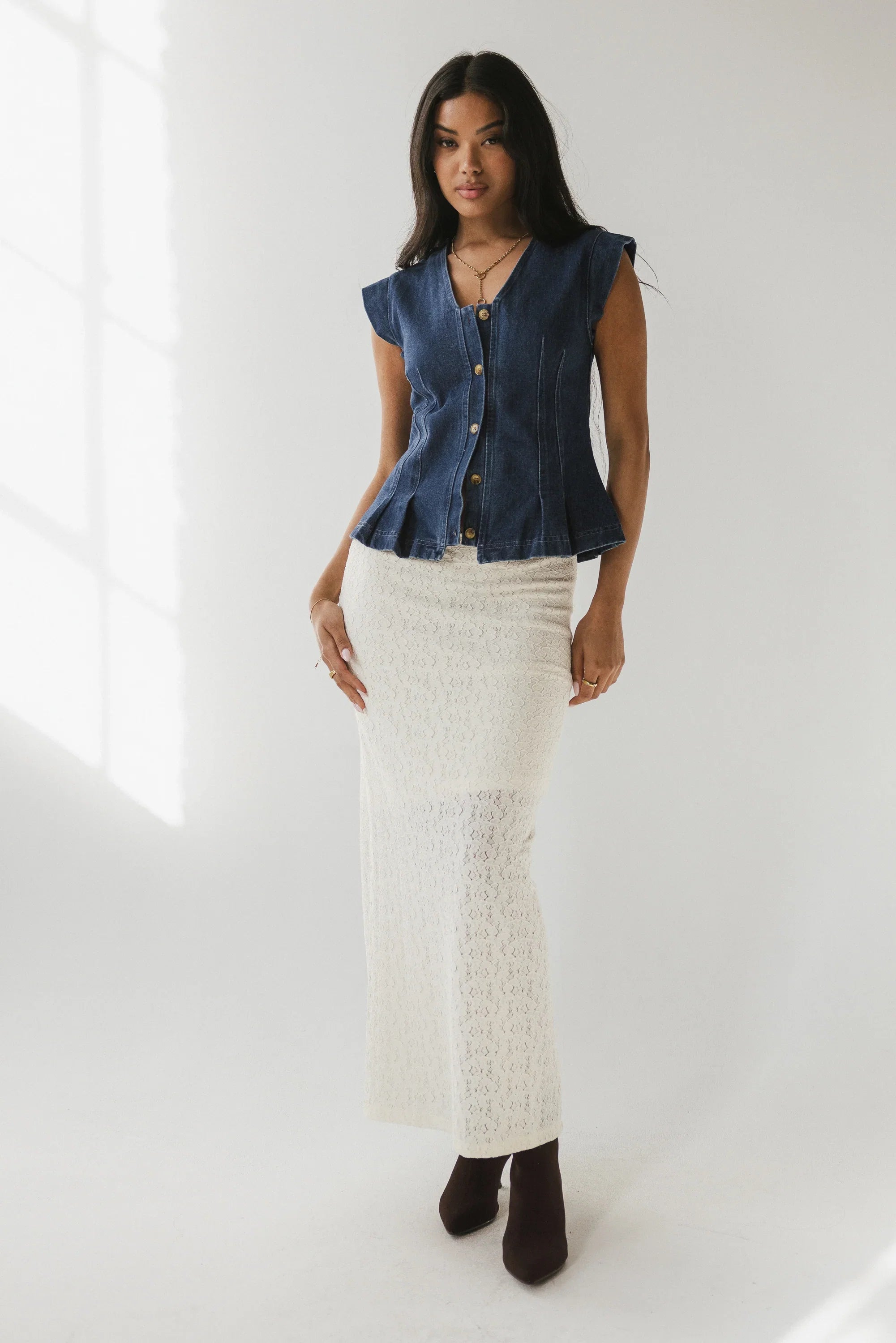 Cassie Pleated Blouse in Medium Wash