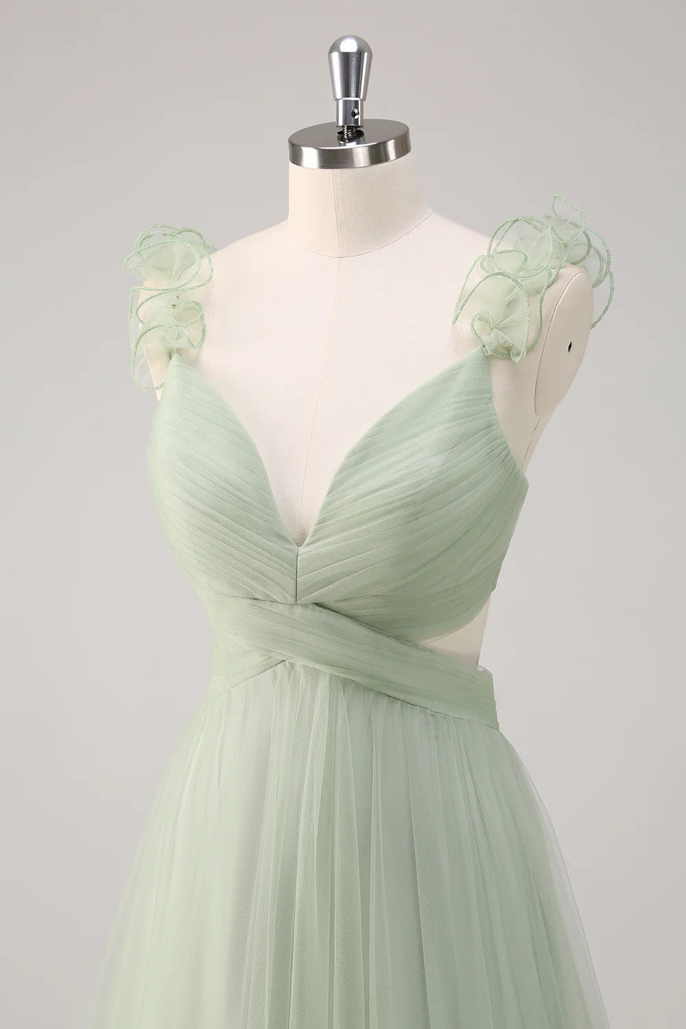 Dusty Sage A Line V Neck Ruched Hollow Out Long Bridesmaid Dress with Open Back