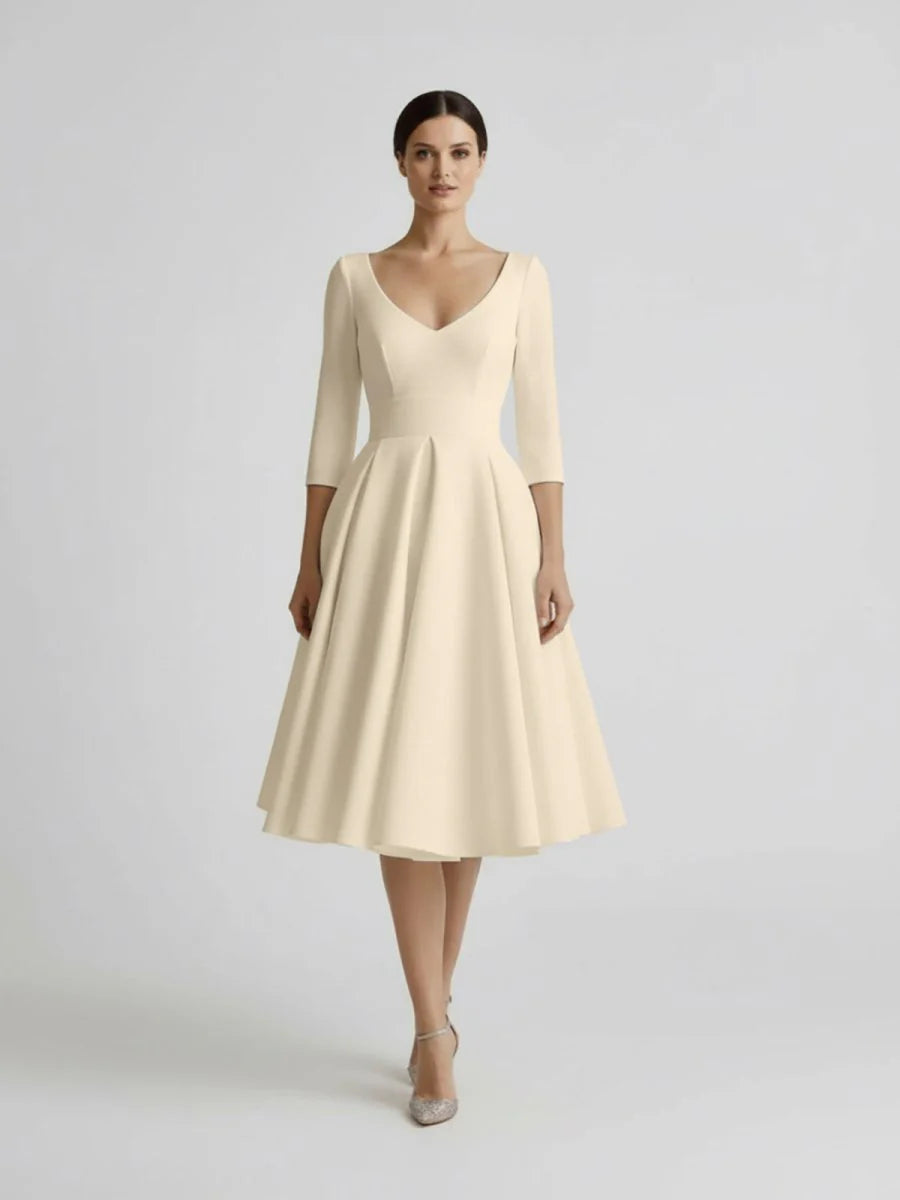 Vintage Sleeved A Line V neck Satin Tea Length Wedding Dress