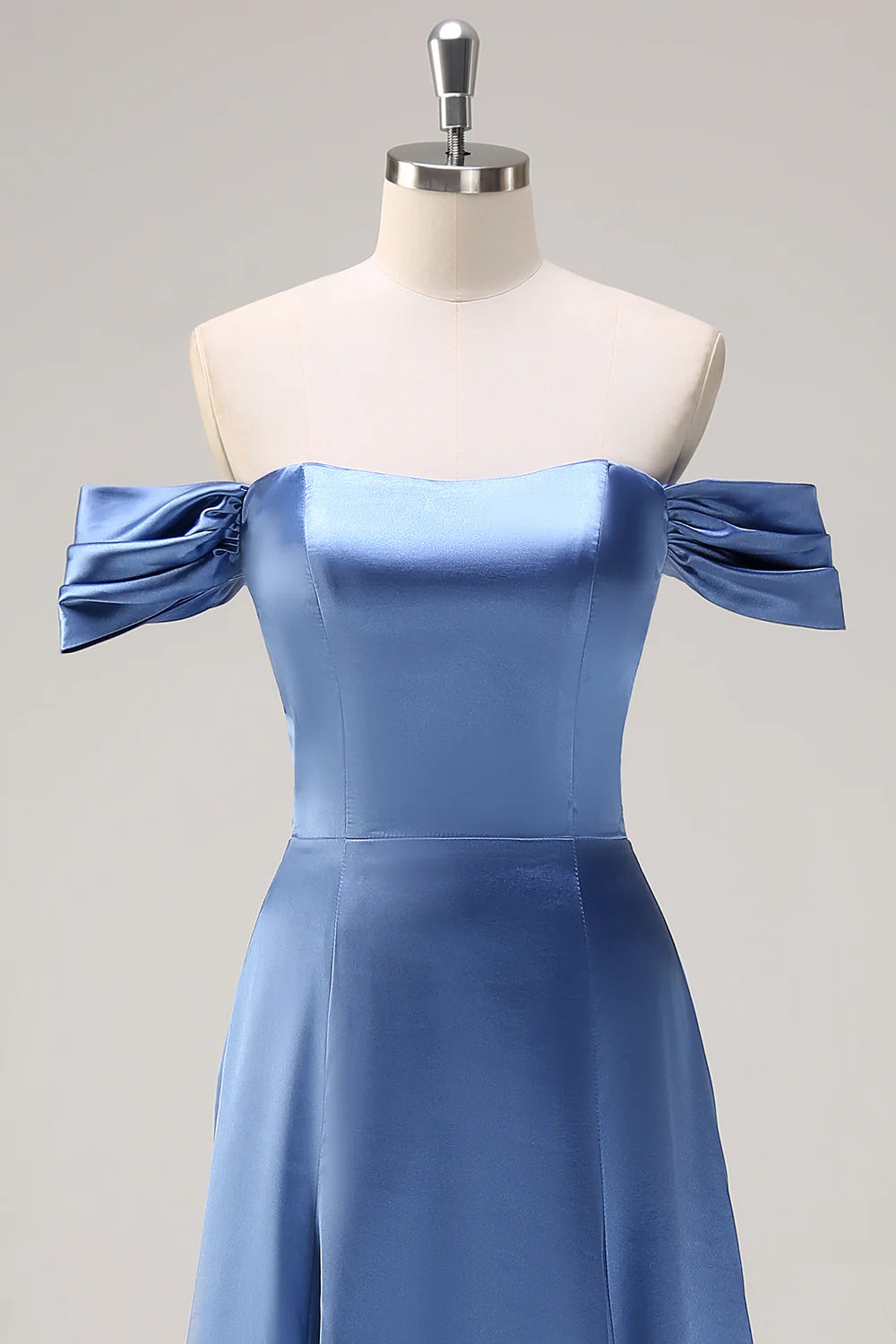 Dusty Blue A Line Off The Shoulder Ruched Long Bridesmaid Dress