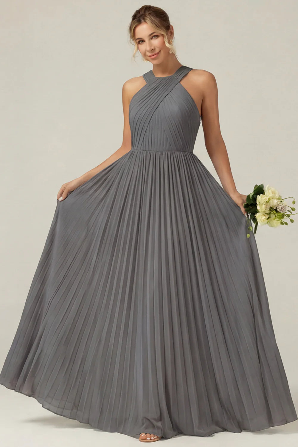 Dusty Sage A Line Halter Pleated Long Bridesmaid Dress