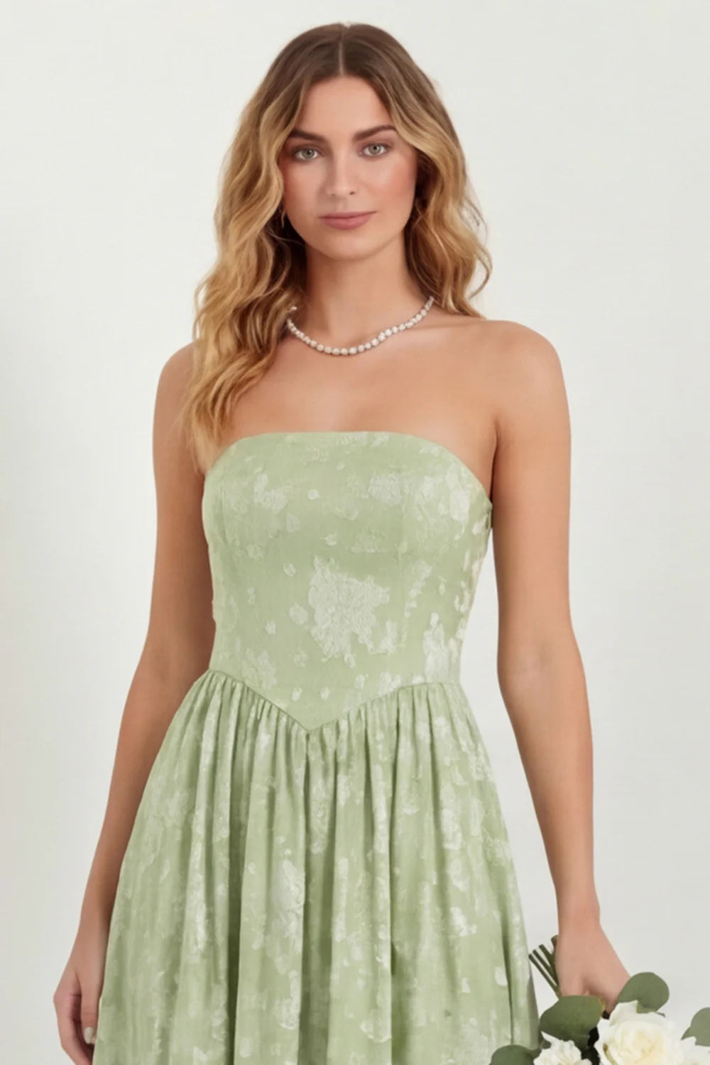 Green Flower A Line Strapless Long Bridesmaid Dress