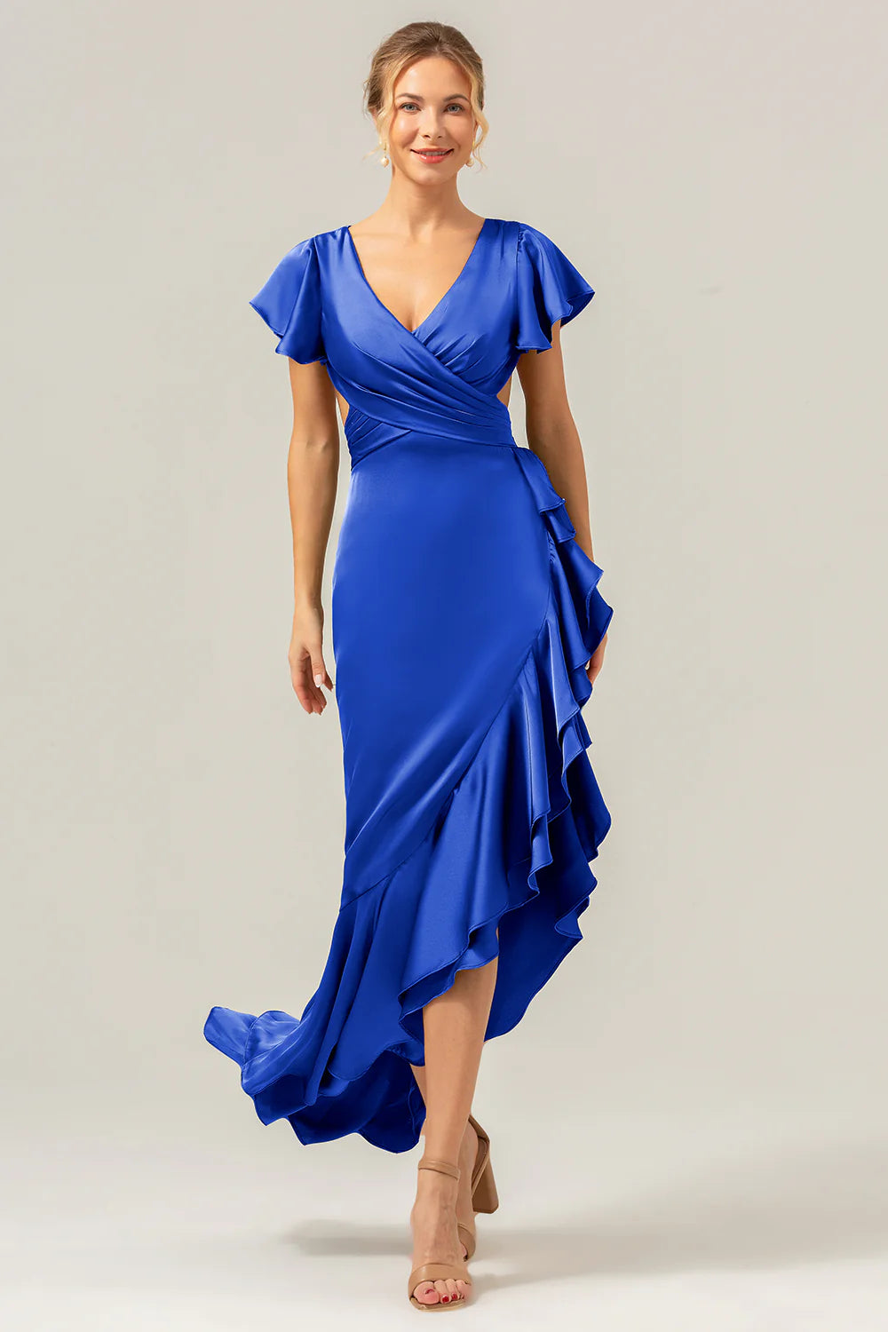 A Line V Neck Asymmetrical Dark Green Bridesmaid Dress with Ruffle Slit